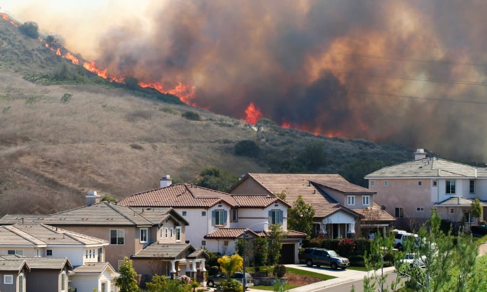 A wildfire burning on a hill that overlooks a row of houses.