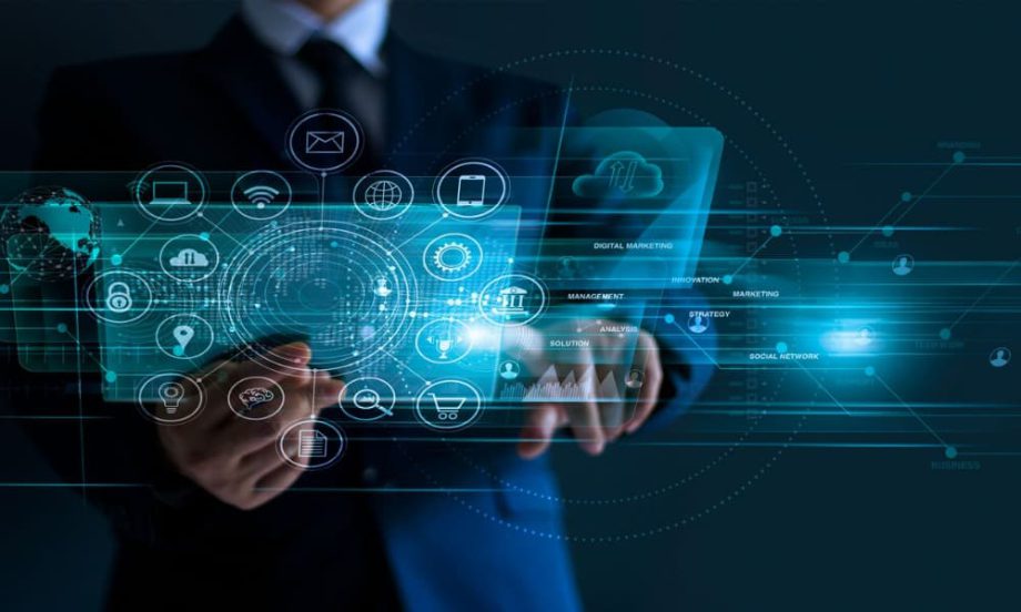A businessman uses a modern payment interface in community management